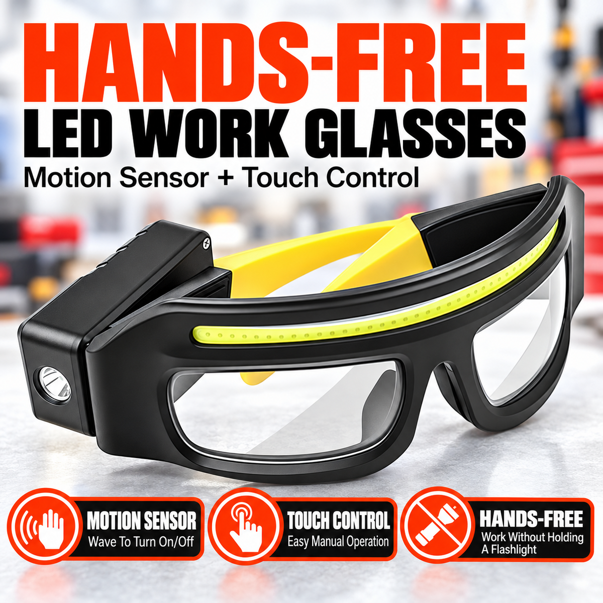 BeamSight™ LED Work Glasses – Hands-Free 230° Light with Wave Sensor