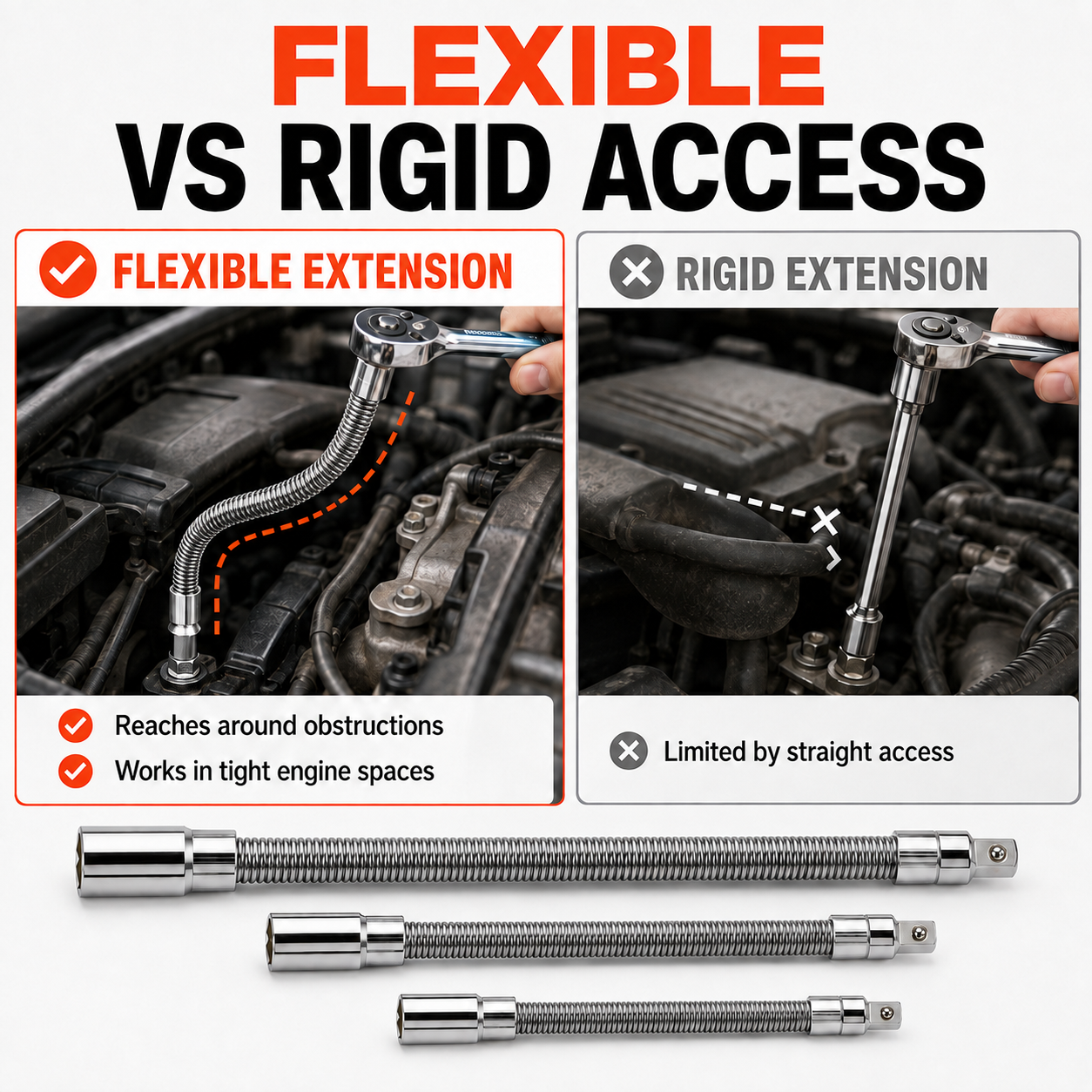 Flexible Socket Extension Bar ( 3-pcs Size Set)