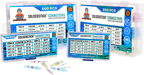 SolderStick connector kits in 50, 100, 250 and 500 piece cases
