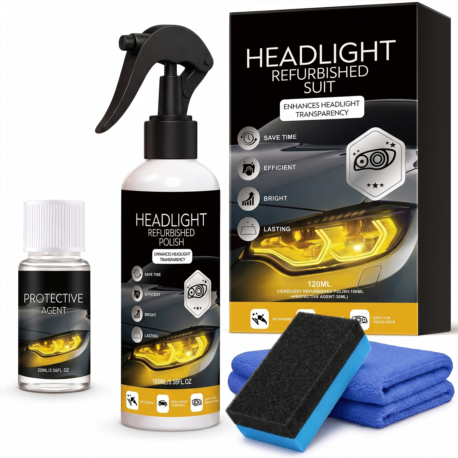 Headlight Refurbished Suit kit including a spray bottle, protective agent bottle, foam sponge, and folded microfiber cloth, displayed alongside its retail box on a white background.